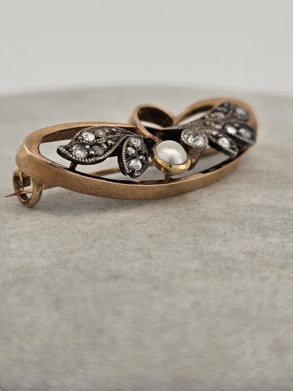 585 Gold Brosche Art Deco mit Perle und Diamanten