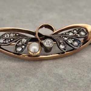 585 Gold Brosche Art Deco mit Perle und Diamanten