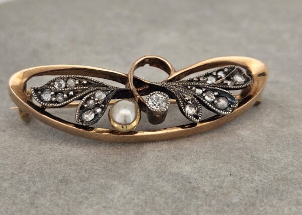 585 Gold Brosche Art Deco mit Perle und Diamanten