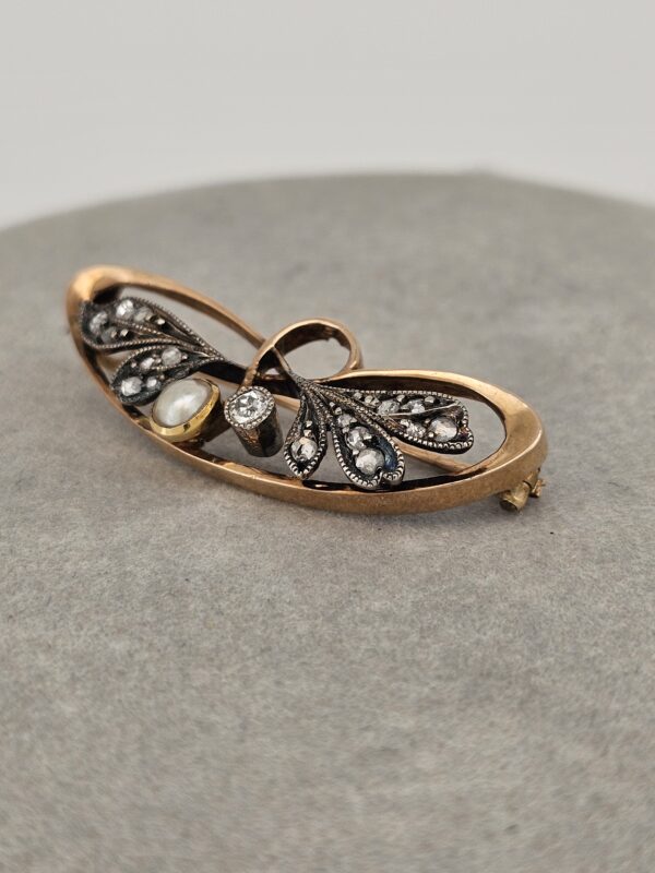 585 Gold Brosche Art Deco mit Perle und Diamanten