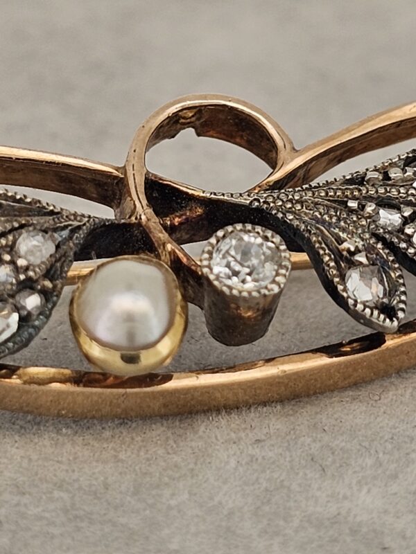 585 Gold Brosche Art Deco mit Perle und Diamanten