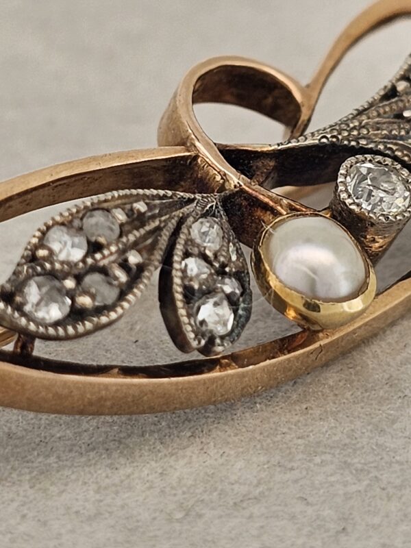 585 Gold Brosche Art Deco mit Perle und Diamanten